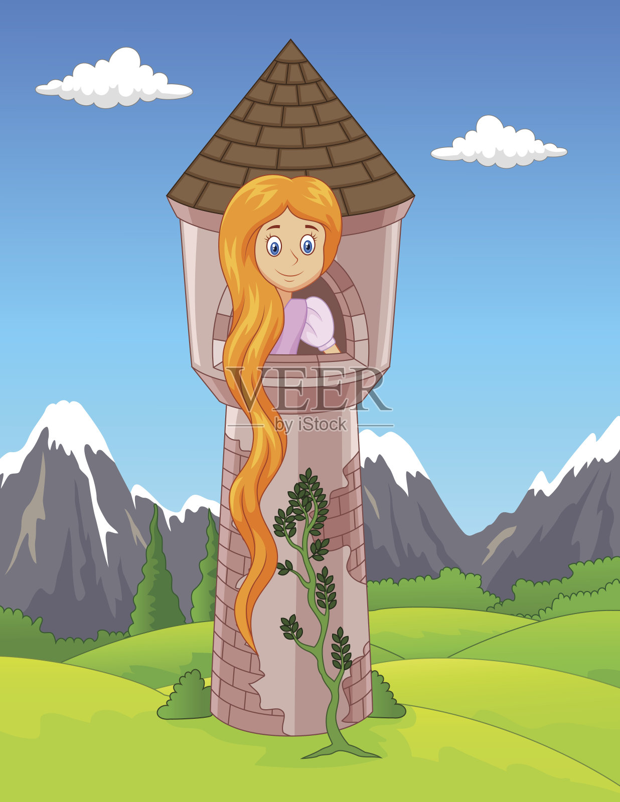 长发公主在孤寂的高塔上等待插画图片素材