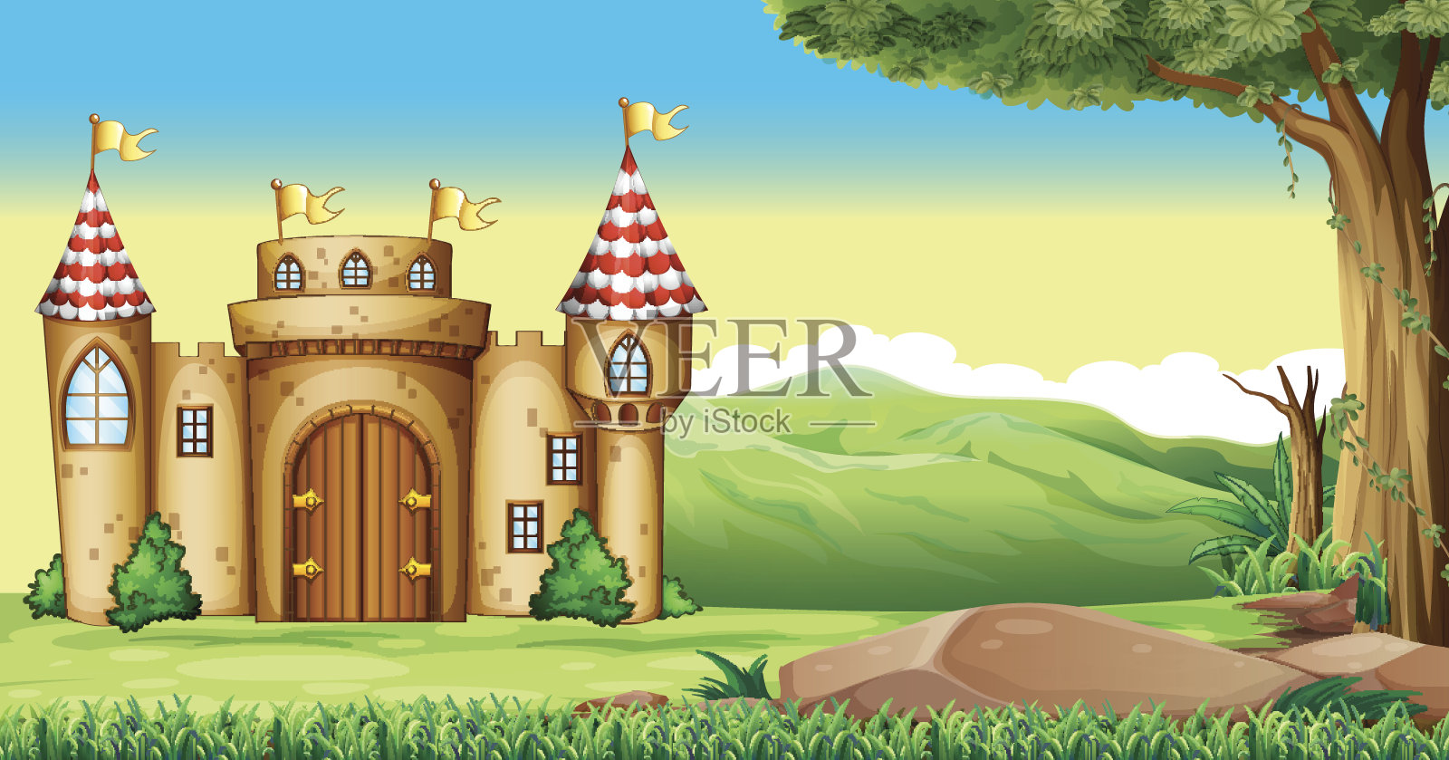 城堡塔楼在田野里插画图片素材