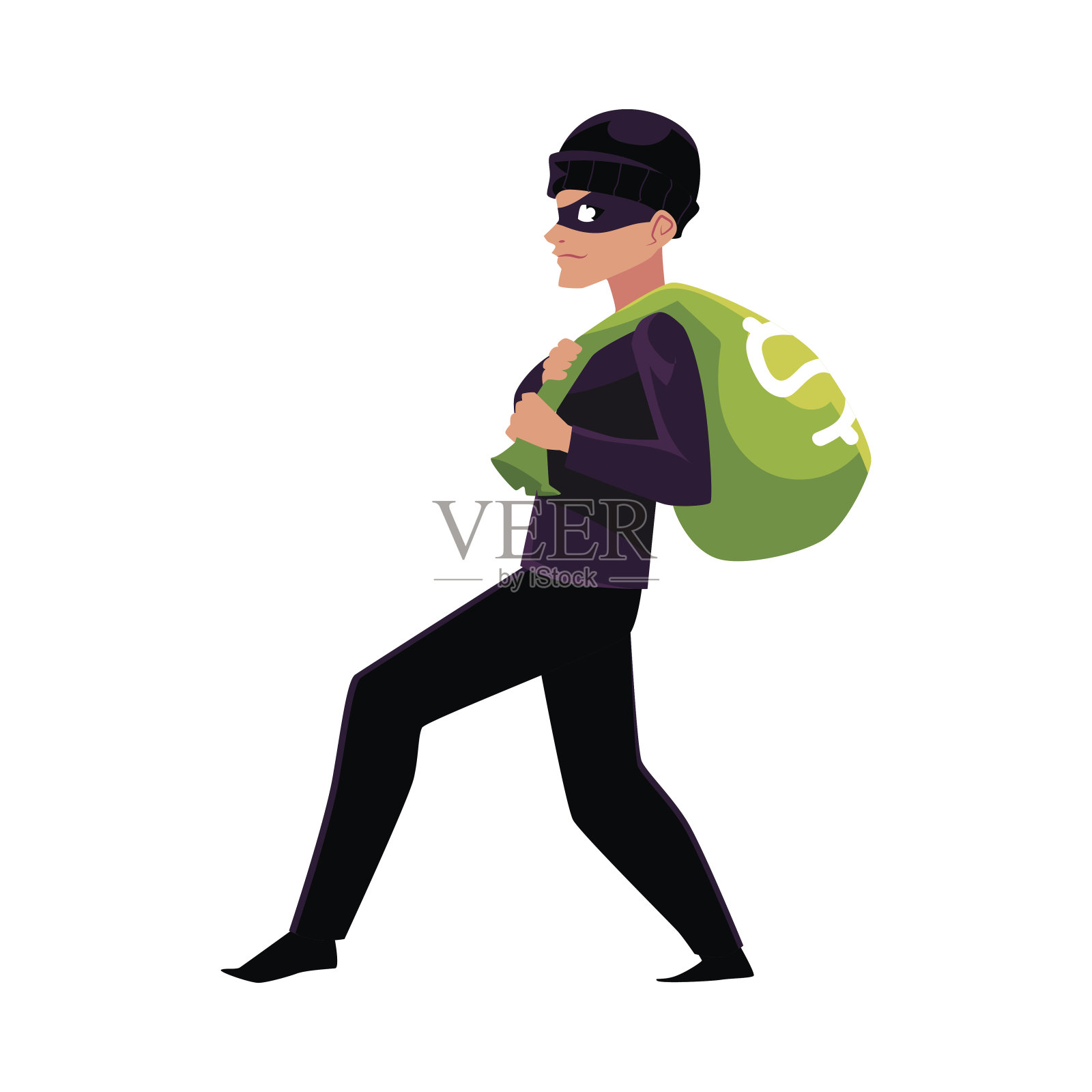 小偷、强盗、夜贼企图拿着钱袋逃跑插画图片素材