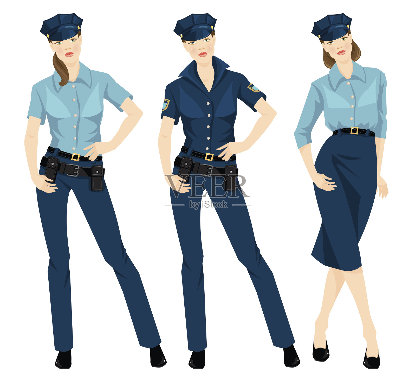 穿着制服戴着帽子的漂亮女警察插画图片素材