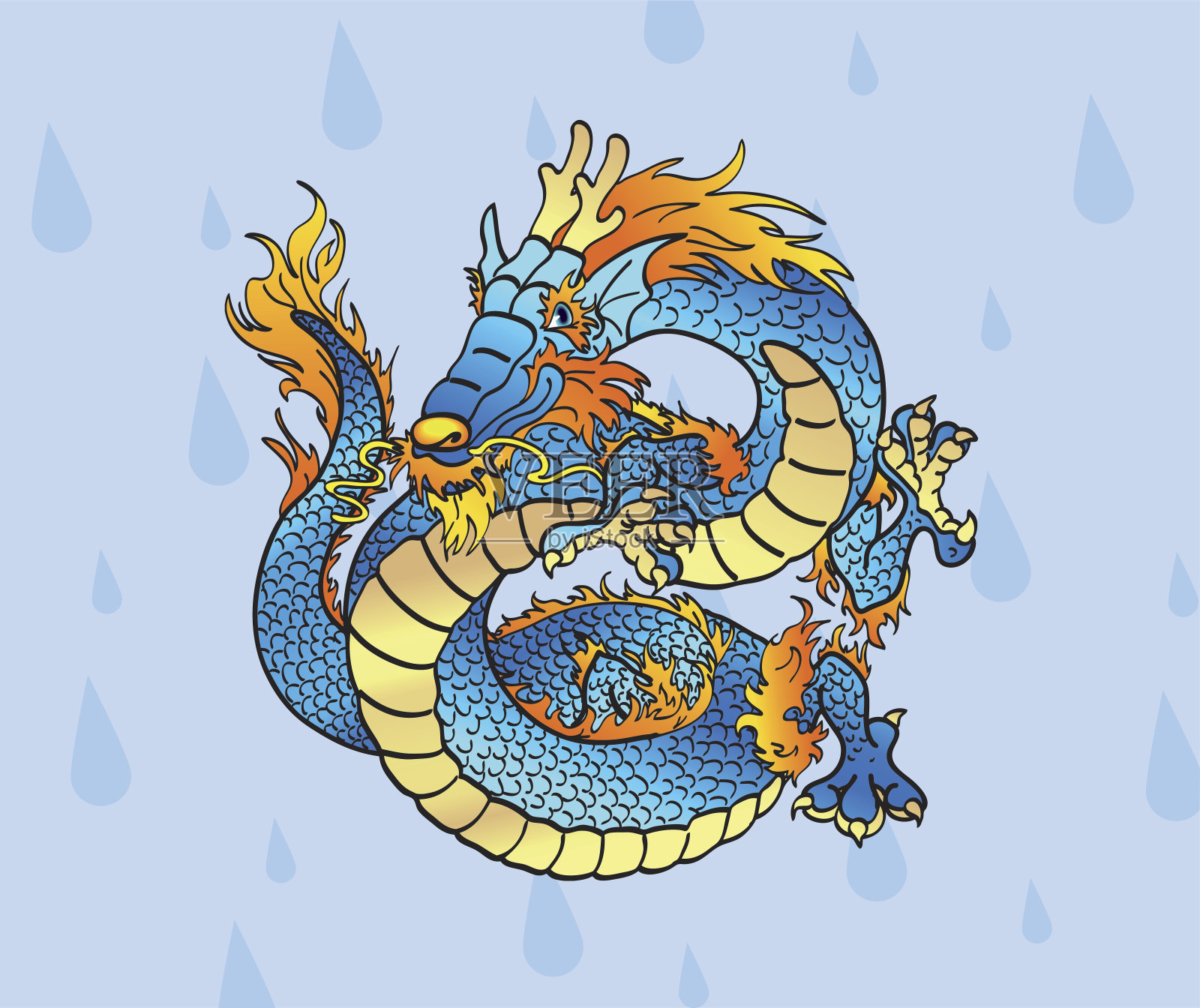 欢快的蓝色亚洲龙对着水滴插画图片素材