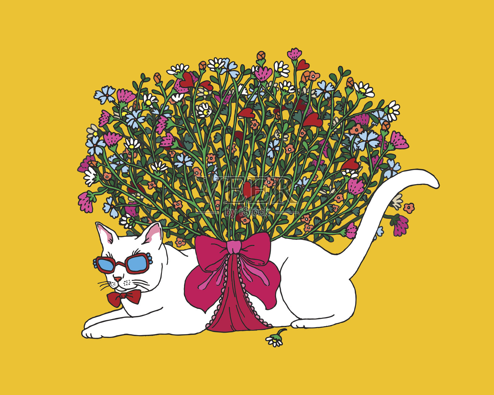 五颜六色的热夏天猫与一束花。插画图片素材