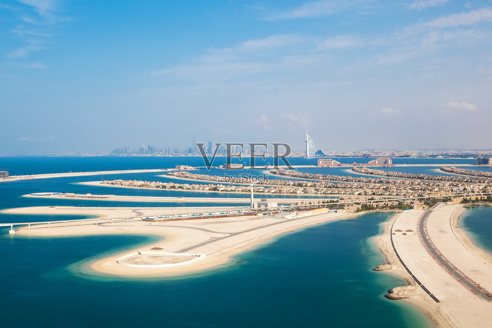 迪拜,阿联酋。从上面看，棕榈岛照片摄影图片