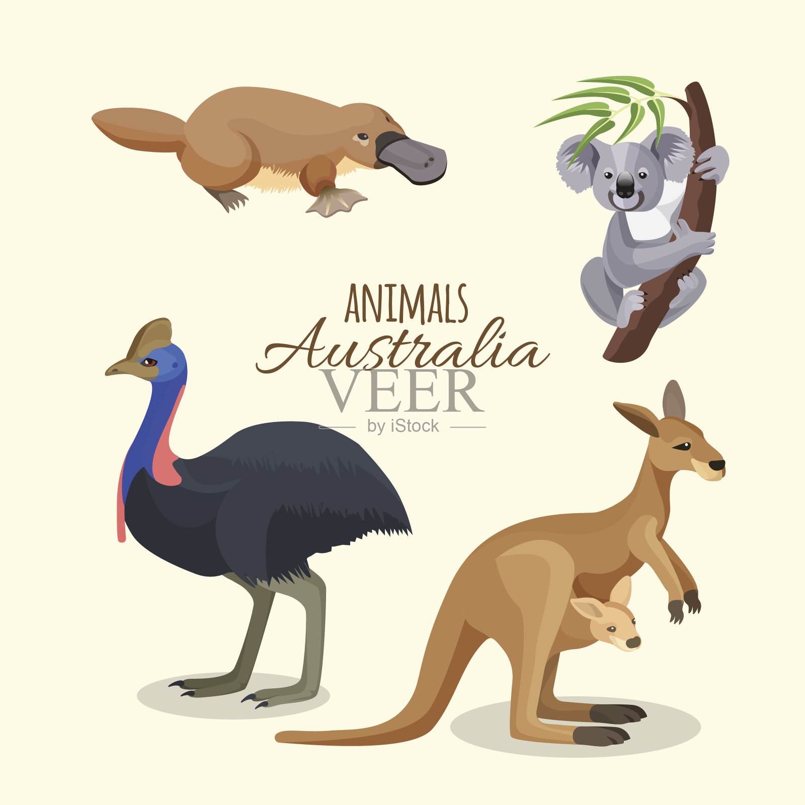 澳大利亚动物收藏有棕色袋鼠、灰色考拉和鸭嘴兽插画图片素材