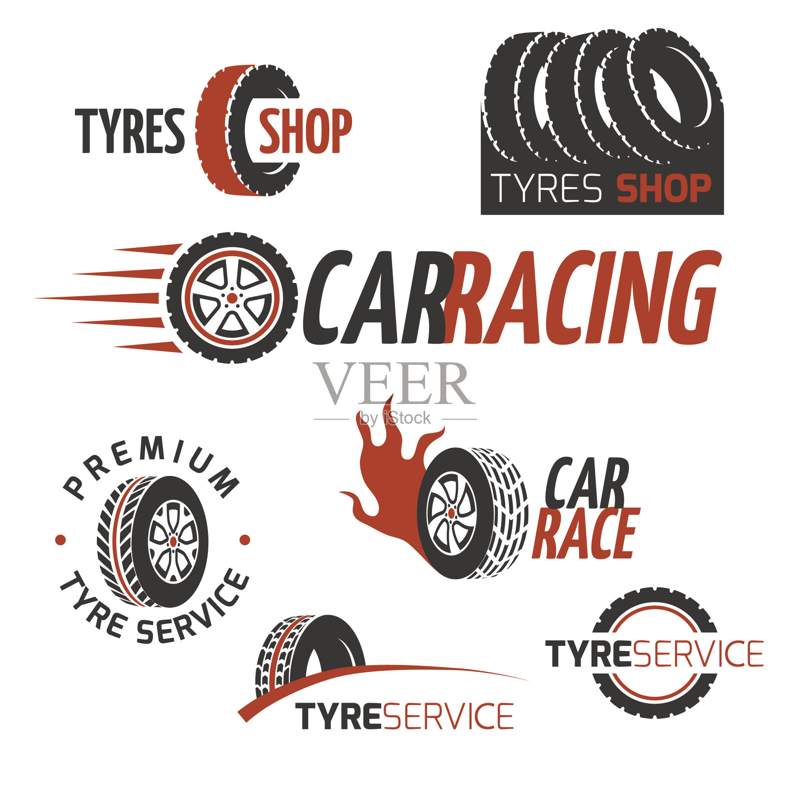 汽车橡胶轮胎店，汽车车轮，赛车矢量标志和标签集插画图片素材