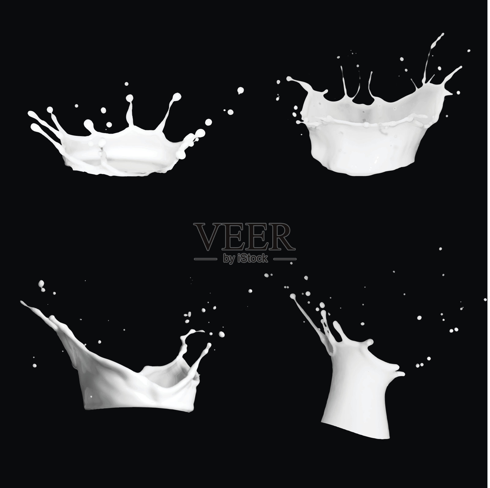 牛奶喷溅矢量插图孤立在黑色。3 d演示。现实的牛奶皇冠与下降。矢量插图，创建网格工具设计元素图片
