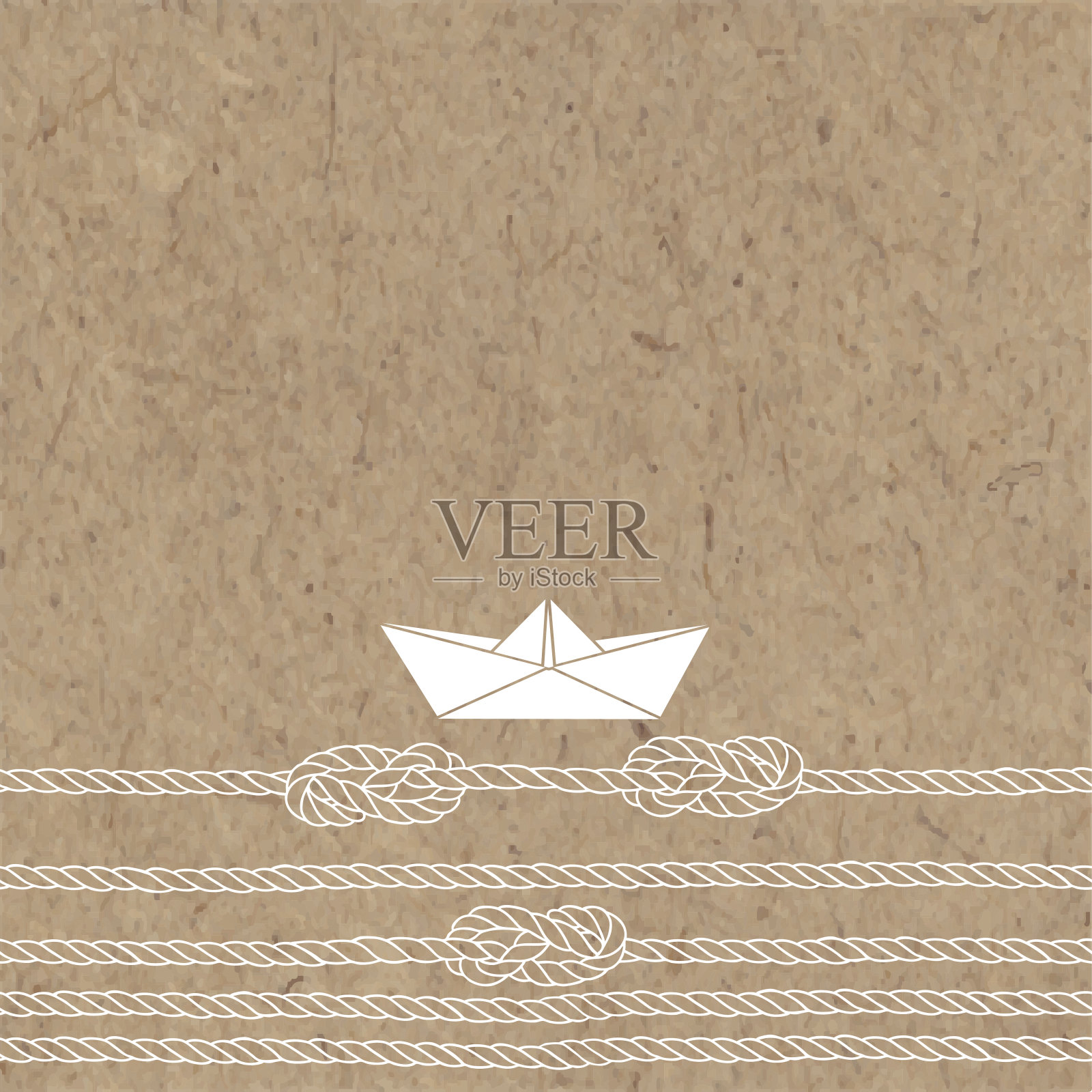 Vector illustration with paper boat,  sea ropes, knots  and  place for text on a kraft background.背景图片素材