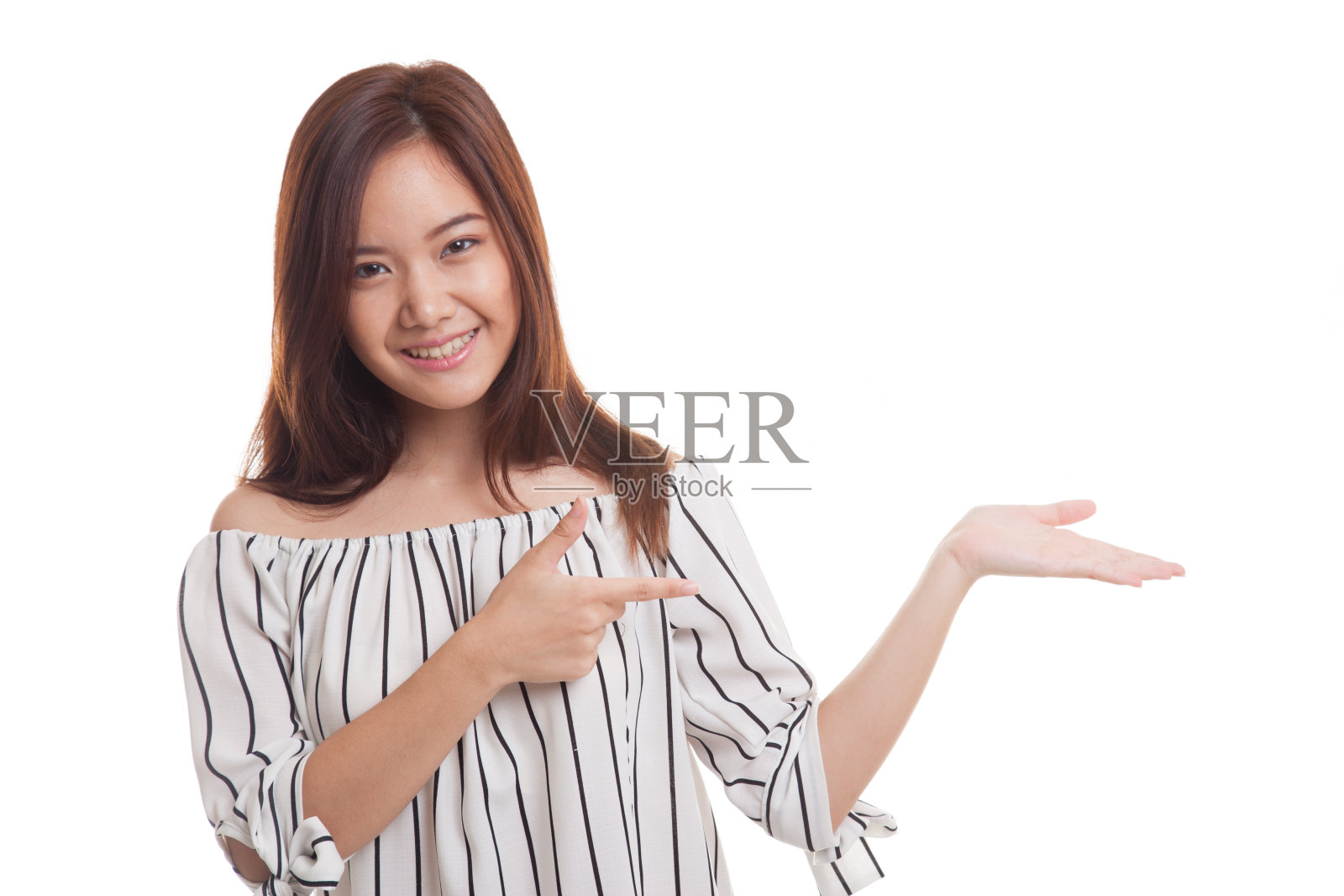 美丽的年轻亚洲女子指手掌。照片摄影图片