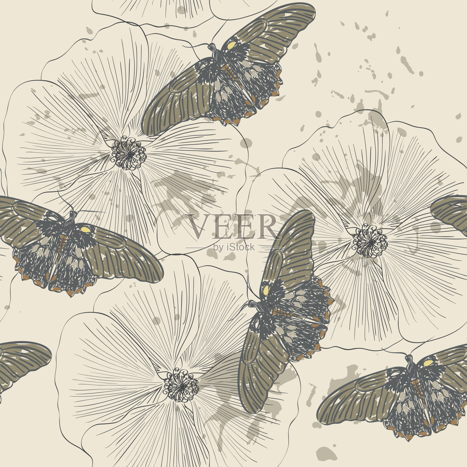 蝴蝶和鲜花插画图片素材
