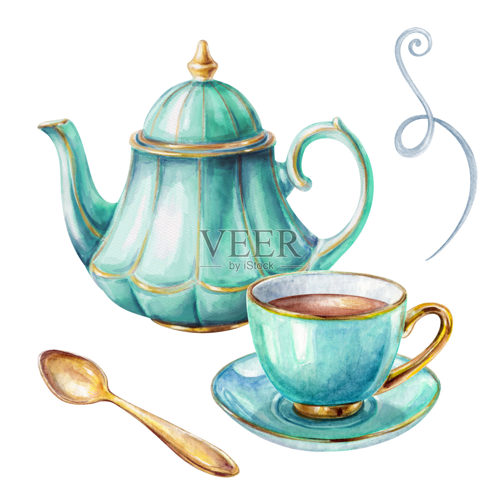 水彩插图，茶杯，茶壶，勺子，孤立的白色背景照片摄影图片