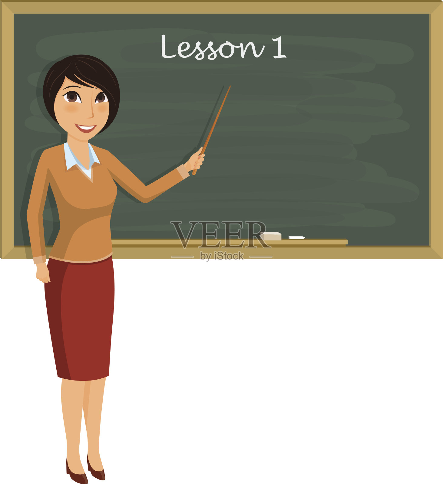 老师在教室上课。年轻的教师在黑板上展示着教鞭。插画图片素材