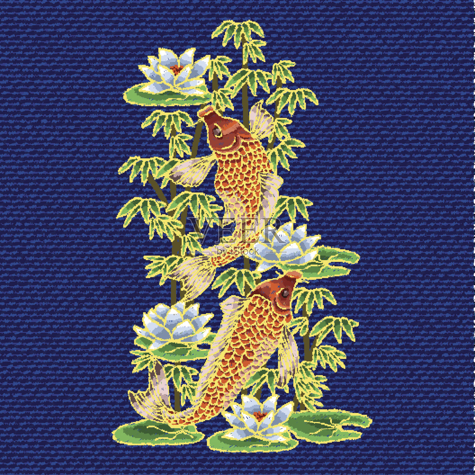 日本传统鲤鱼和花卉刺绣。插画图片素材