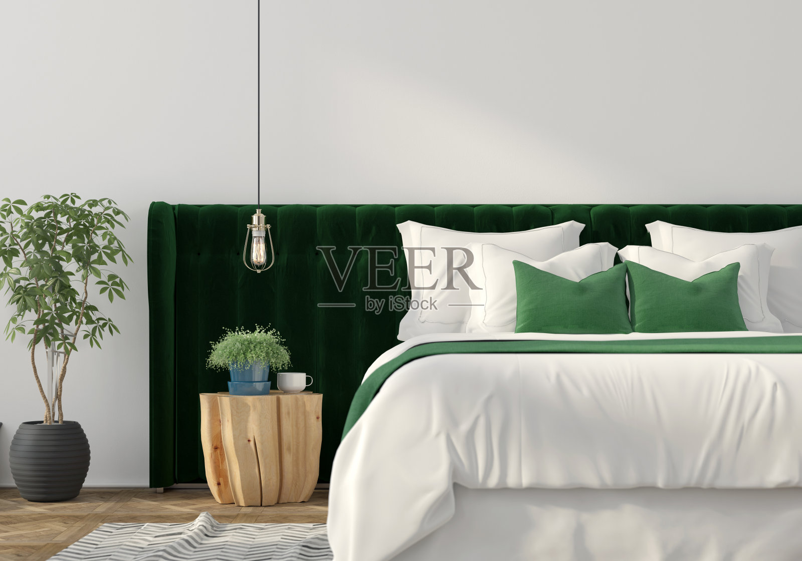 时尚的室内绿色床和木桌照片摄影图片