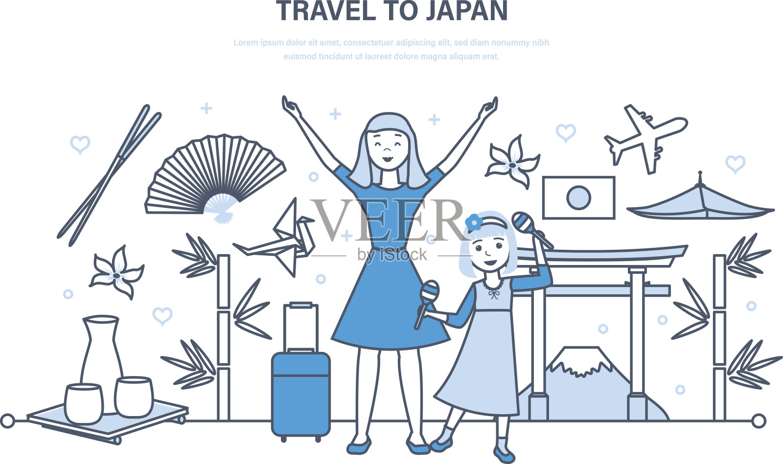 妈妈带着女儿去日本旅游，熟悉文化、景点插画图片素材