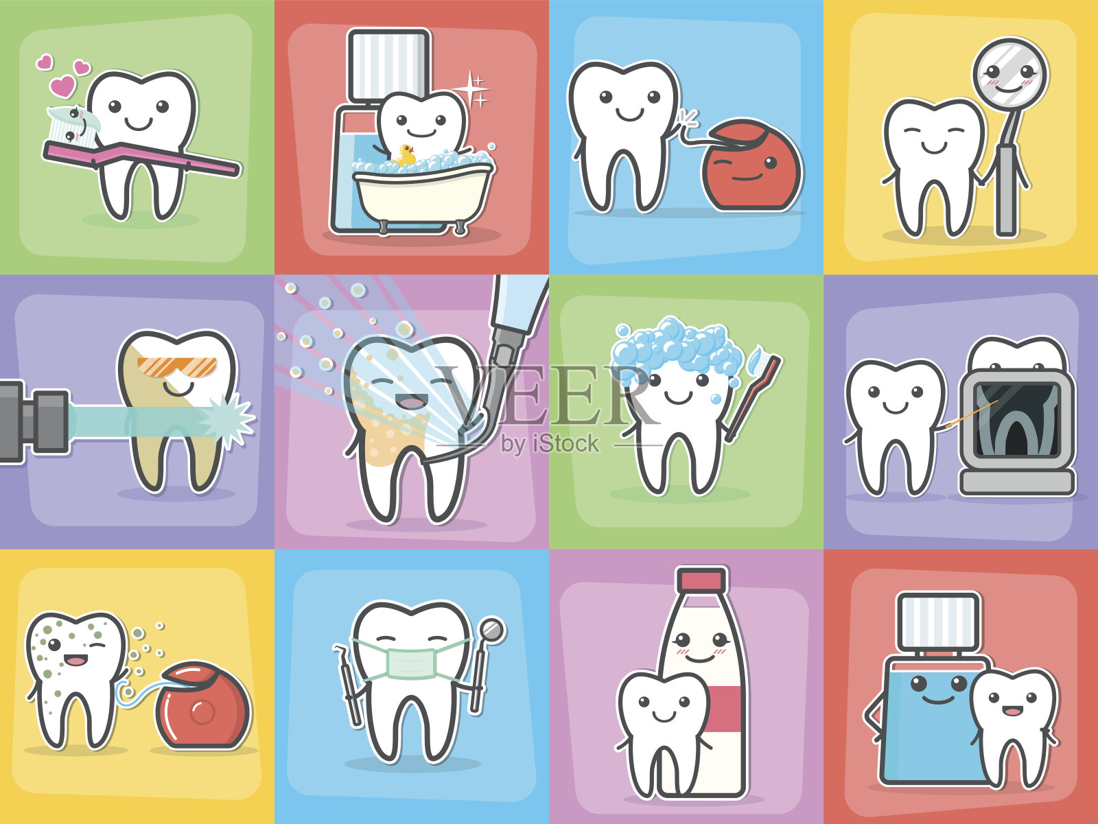 设定牙齿护理、治疗和卫生概念。插画图片素材