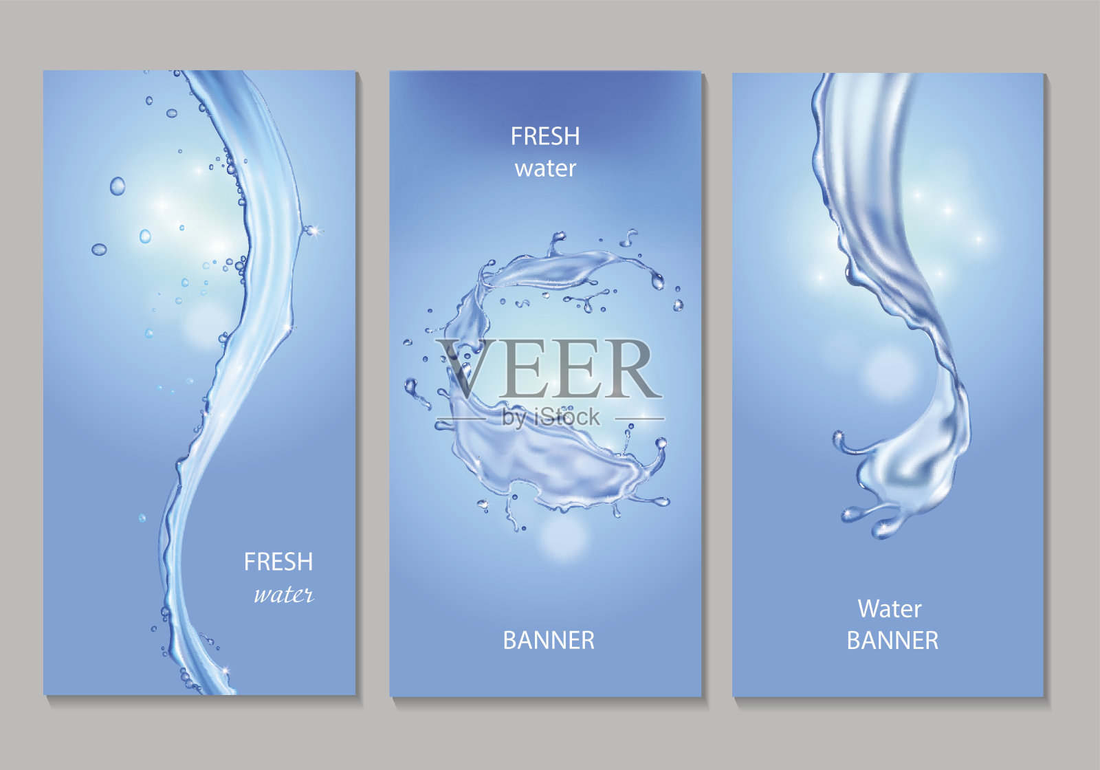 垂直横幅与流动和水珠晶莹湛蓝的水。向量新鲜度概念集设计元素图片