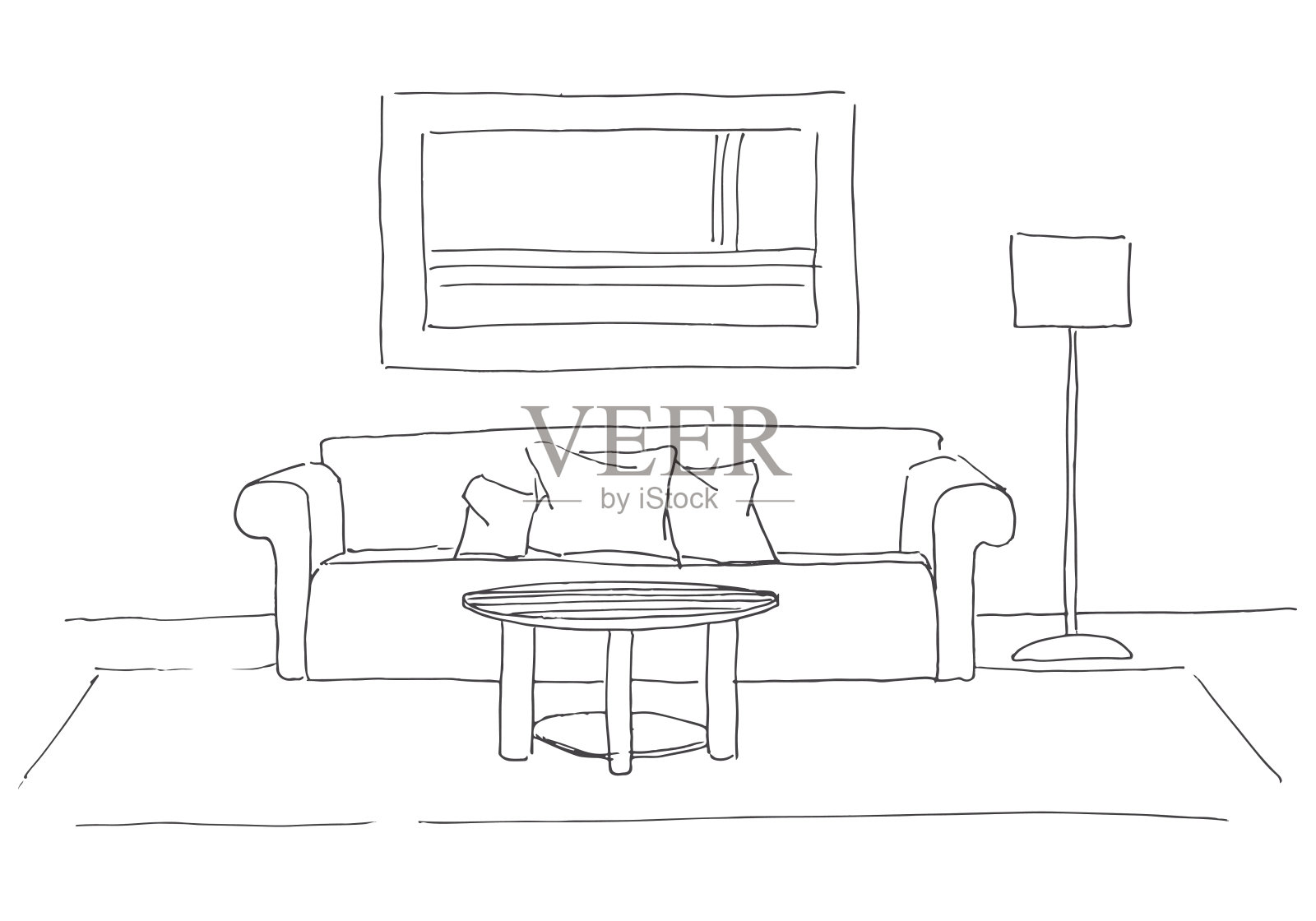 沙发，圆桌在她面前。侧面有落地灯。手绘矢量插图的草图风格。插画图片素材