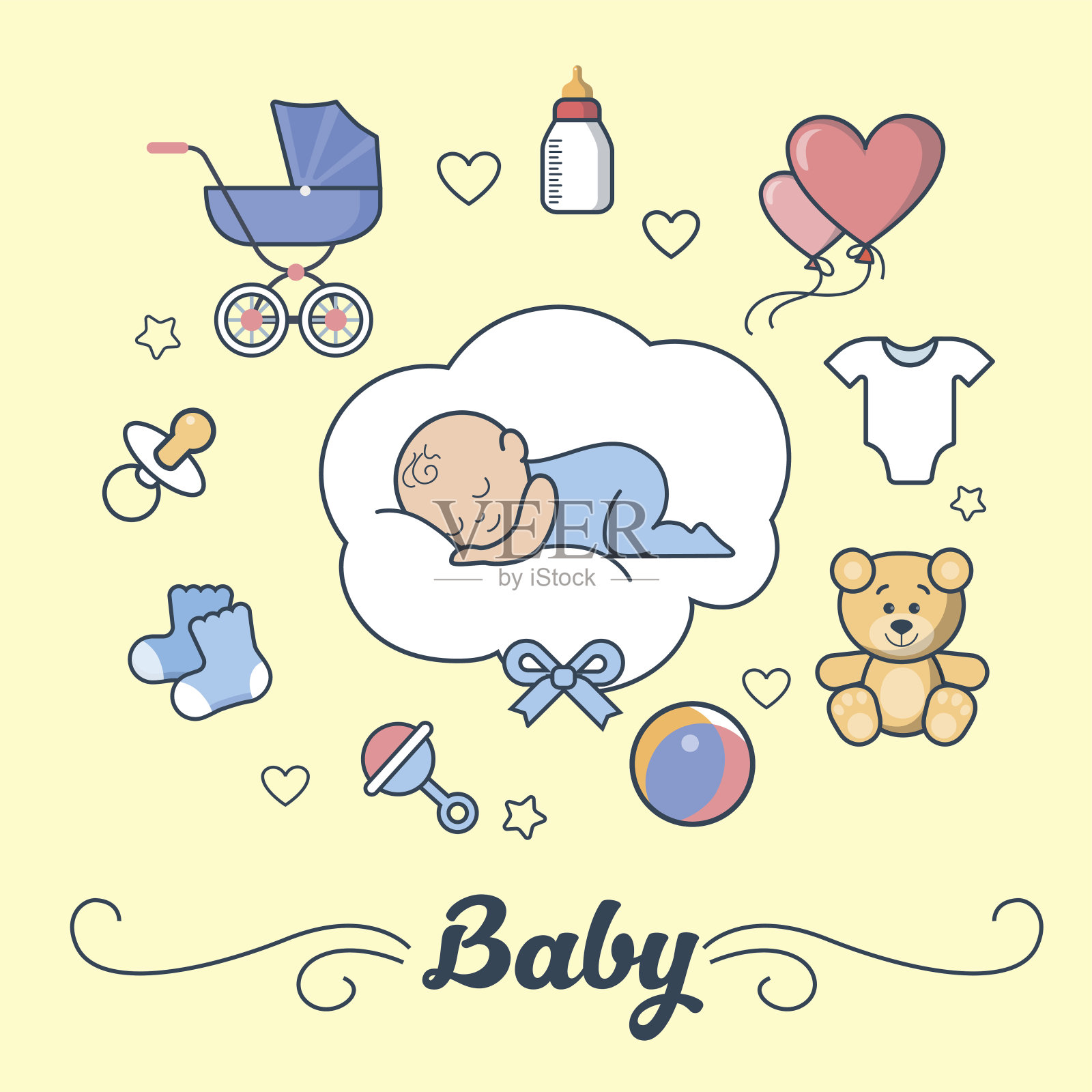 线性平坦的小男孩睡在云上，第一年的婴儿矢量插图。剪贴簿、手工相册或贺卡的模板。育儿和新生儿概念。插画图片素材