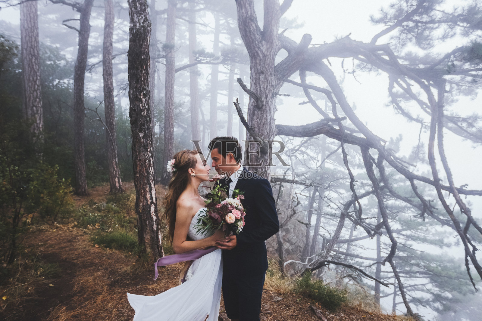 婚礼在一个神秘的森林。新婚燕尔走在雾里，秋的心情照片摄影图片
