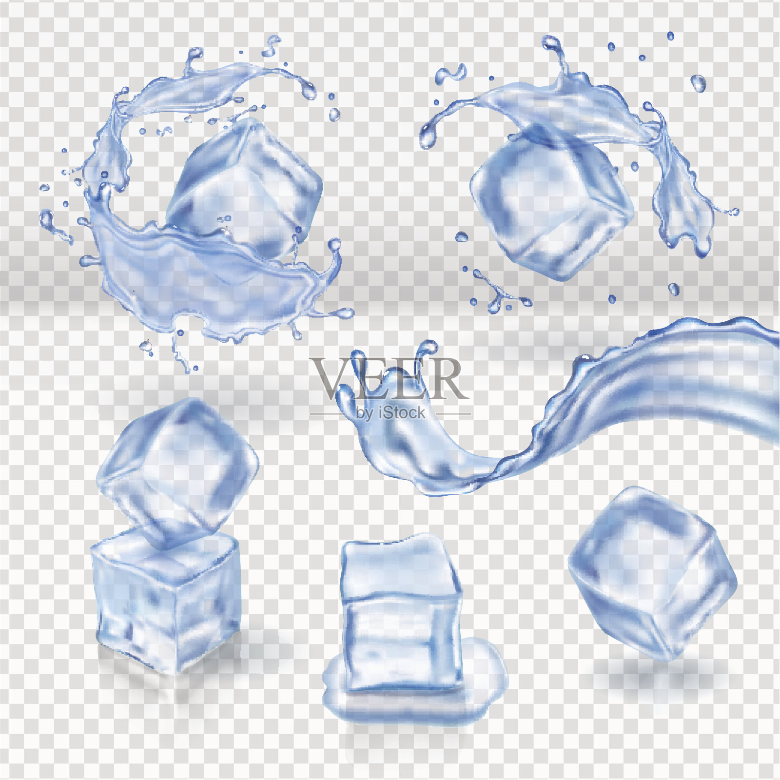透明矢量水飞溅和冰块逼真，3d矢量集设计元素图片