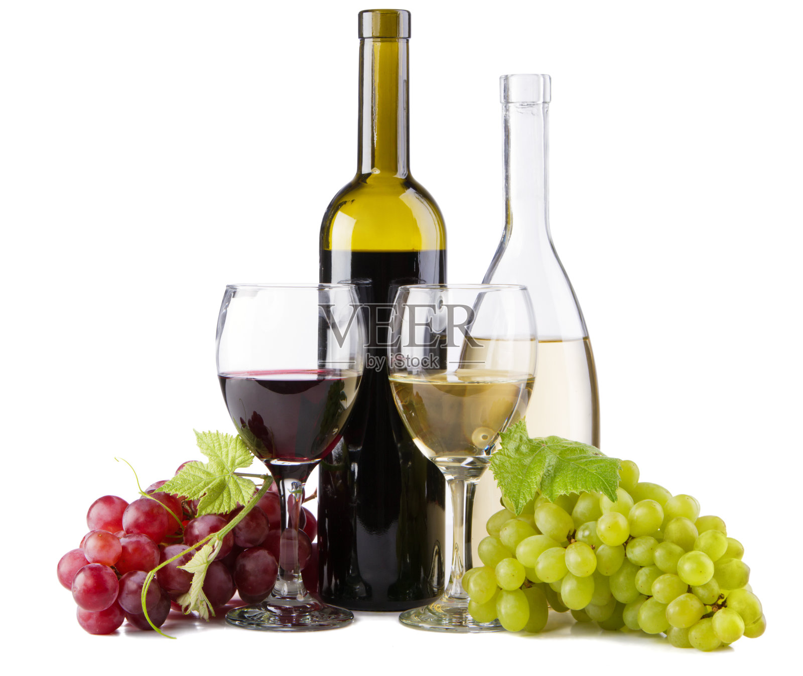 葡萄红酒和白葡萄酒的瓶子和玻璃杯照片摄影图片