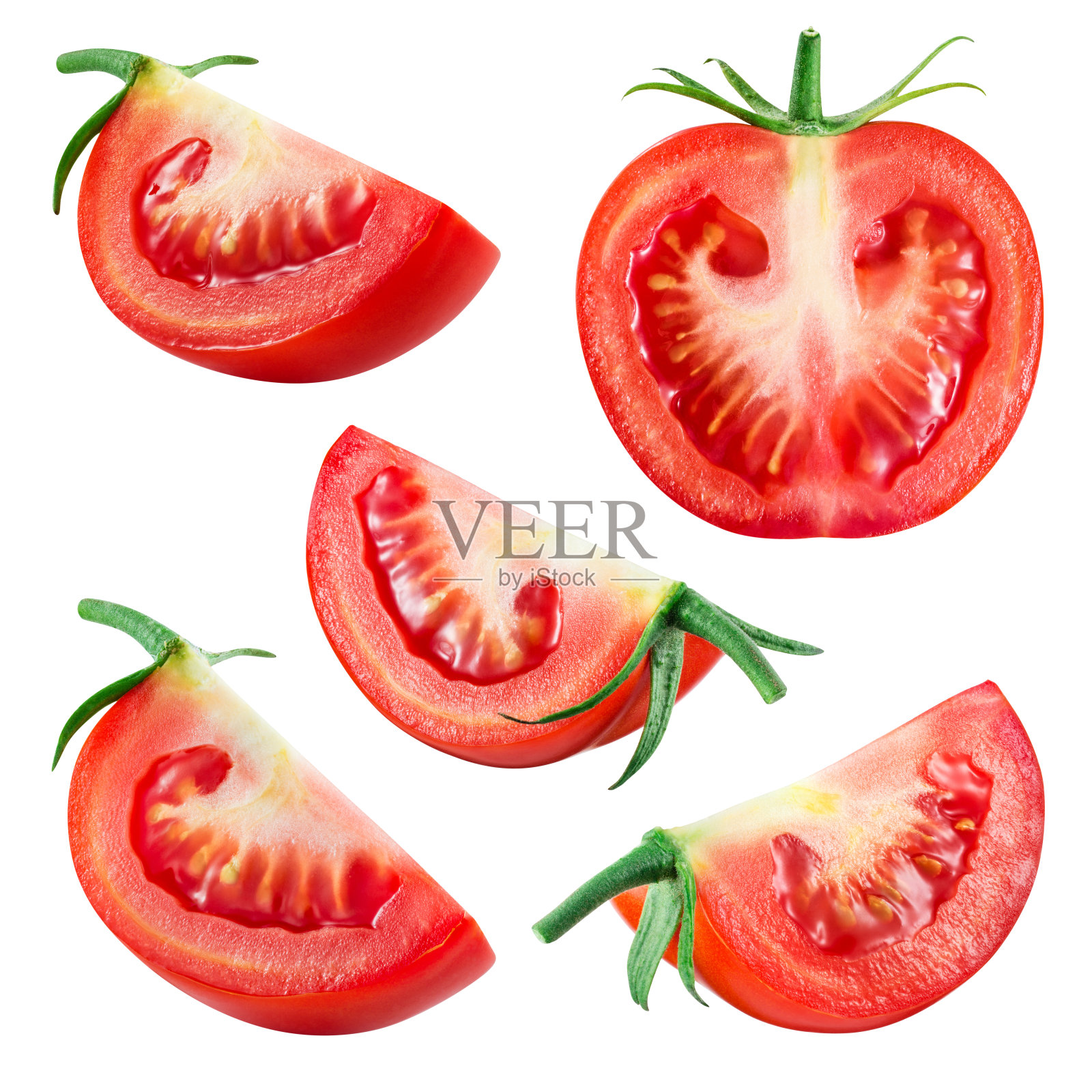 番茄。新鲜蔬菜孤立在白色。整片、半片、切片、四分之一、分段、分段。收集。照片摄影图片