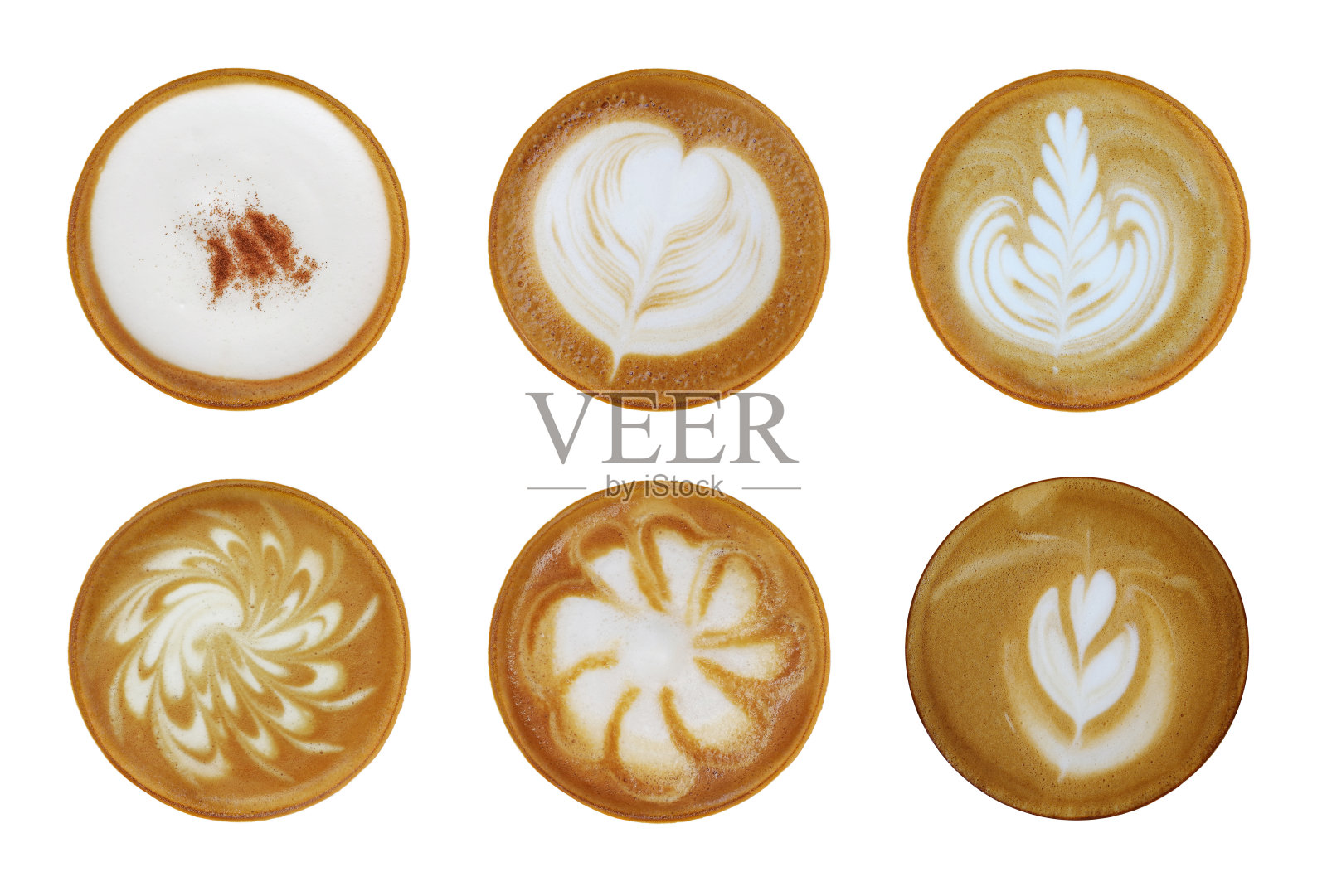 一组6顶视图的热咖啡拿铁卡布奇诺泡沫艺术孤立在白色背景。照片摄影图片