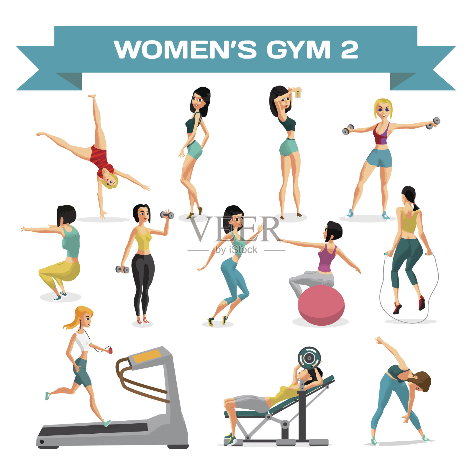在健身房锻炼的一组妇女插画图片素材