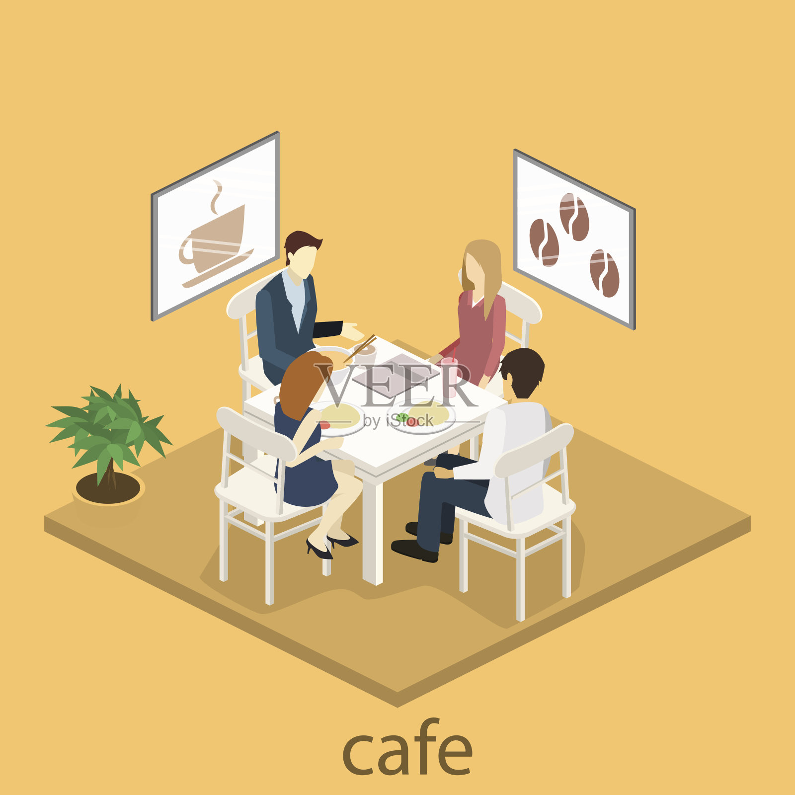 咖啡店内部的等距空间。平面三维等距设计室内咖啡厅或餐厅。人们坐在桌子旁吃饭。插画图片素材