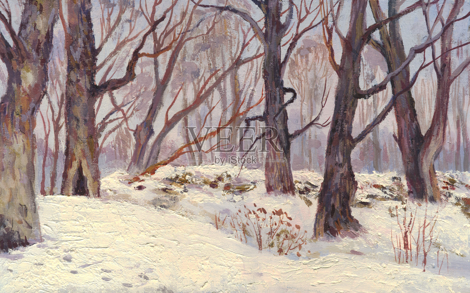 冬天的森林，油画插画图片素材