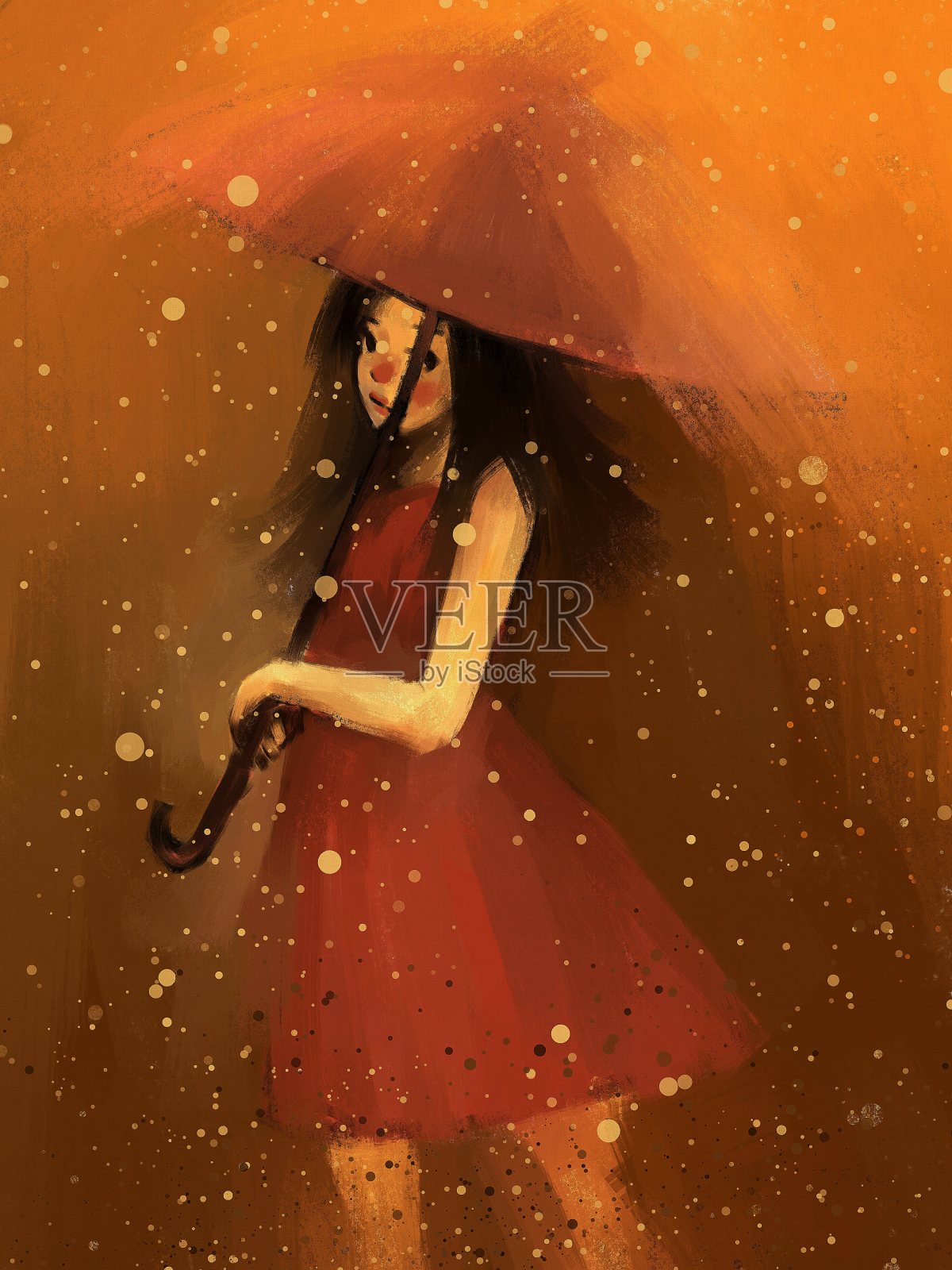 雨中穿着红衣服带着伞的女孩插画图片素材