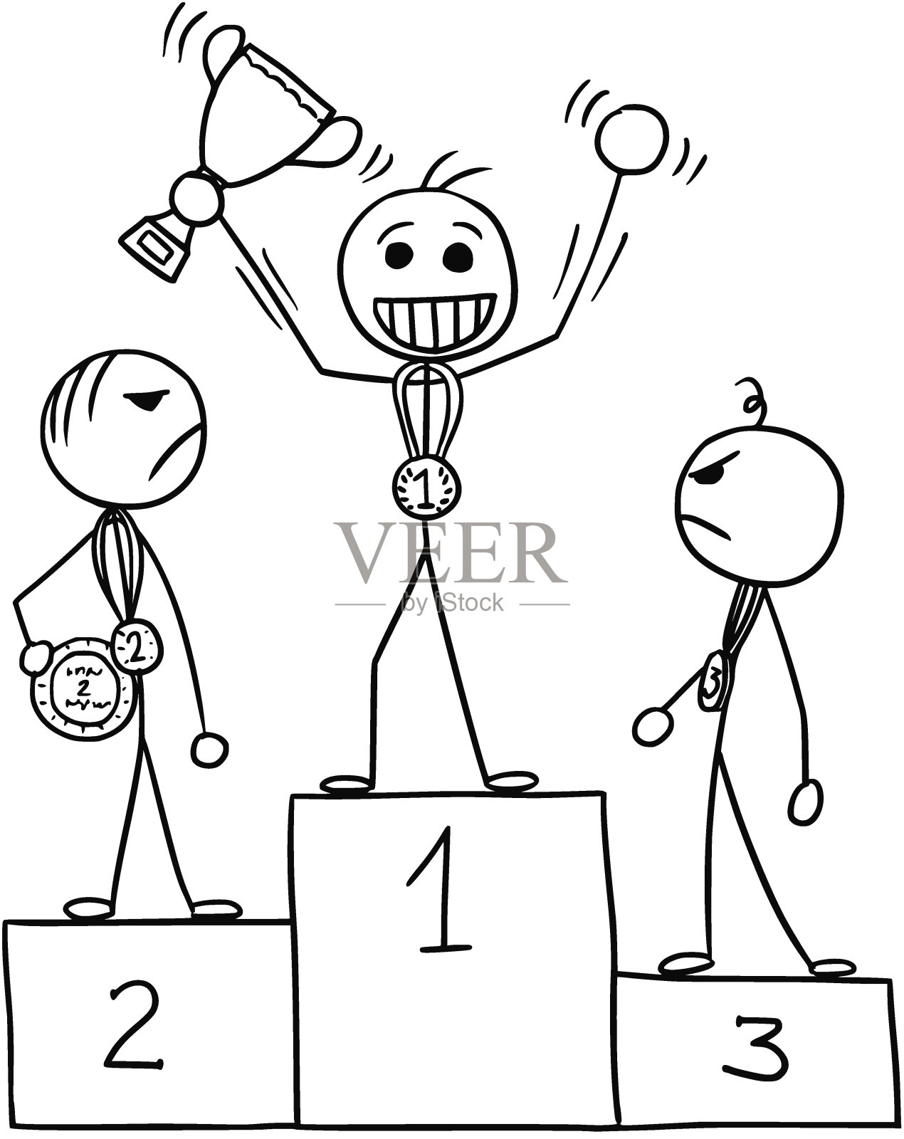 胜利者在胜利者领奖台上庆祝，同时被失败者憎恨的矢量Stickman卡通插画图片素材