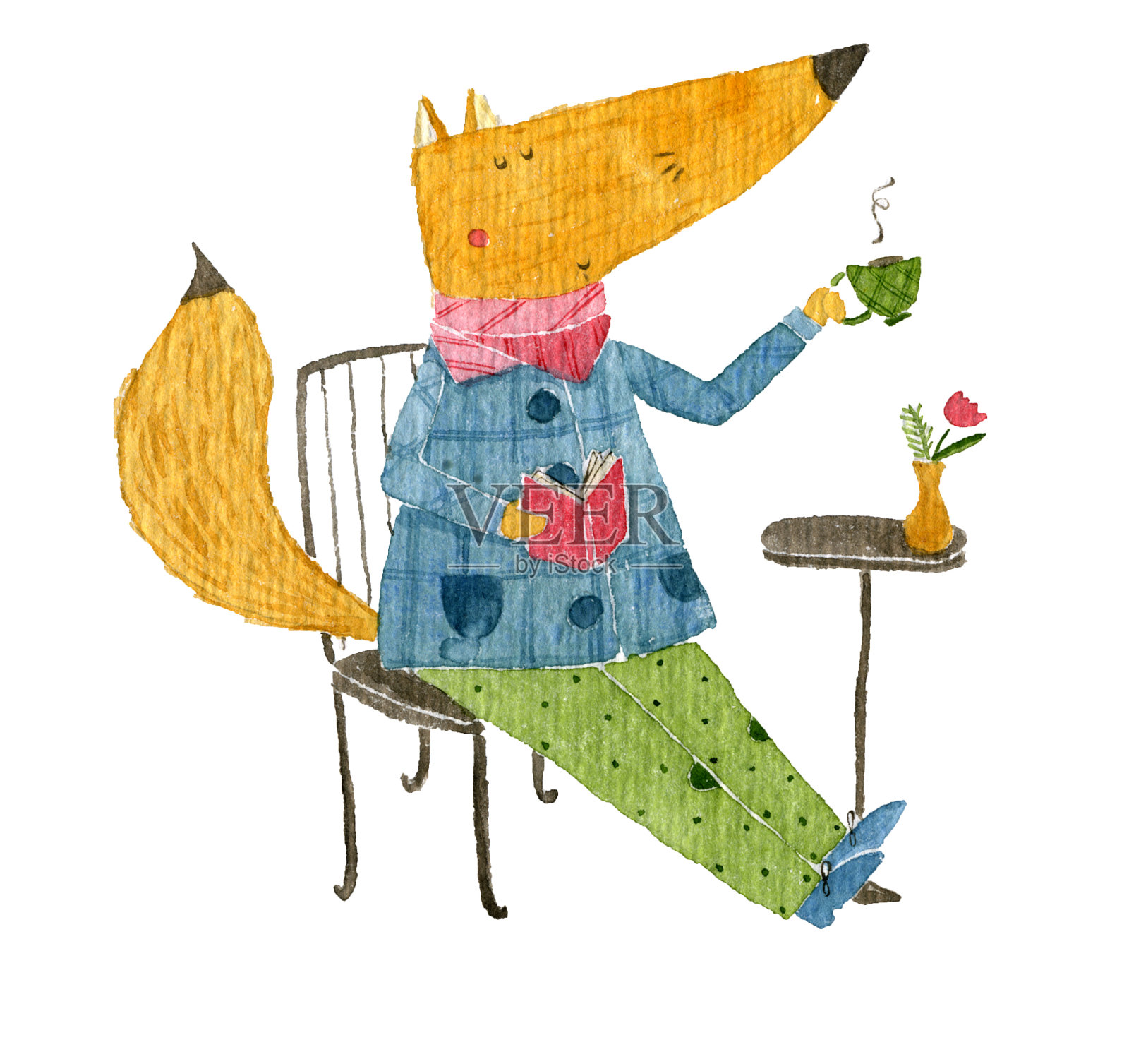 狐狸喝茶水彩画插画图片素材