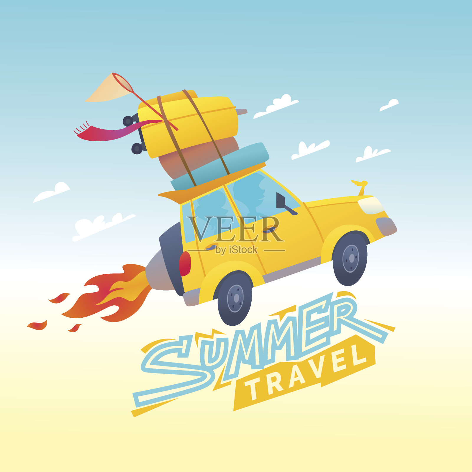 矢量插图的夏天旅行与飞行汽车插画图片素材