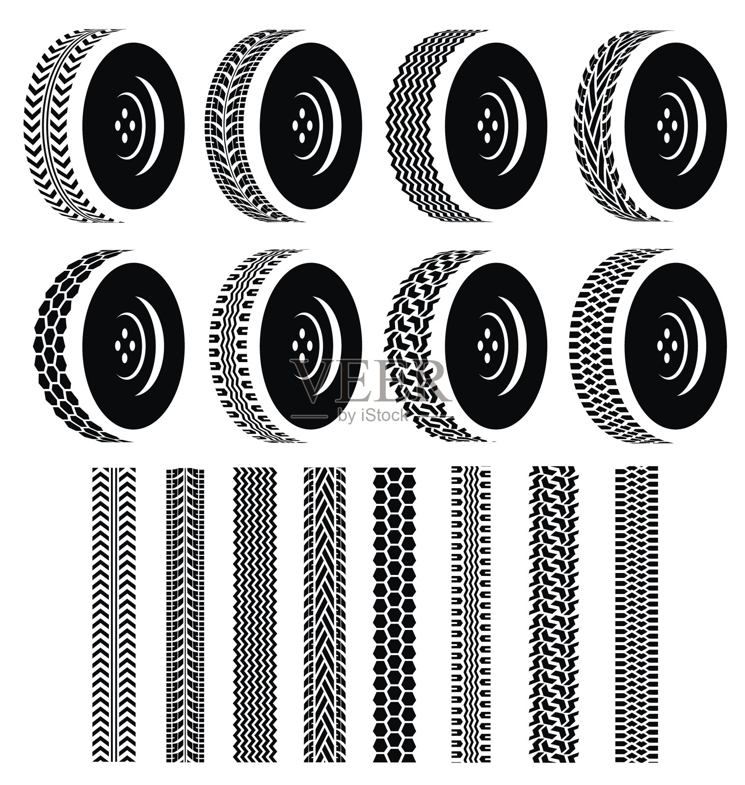 一组车轮与黑色轮胎履带工业插画图片素材