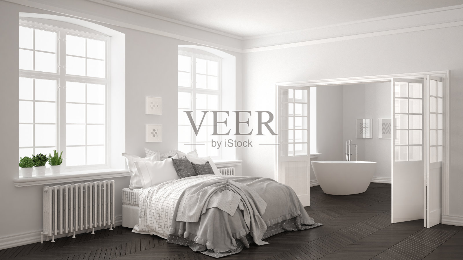 极简主义斯堪的纳维亚白色卧室与浴室的背景，经典的白色和灰色的室内设计照片摄影图片