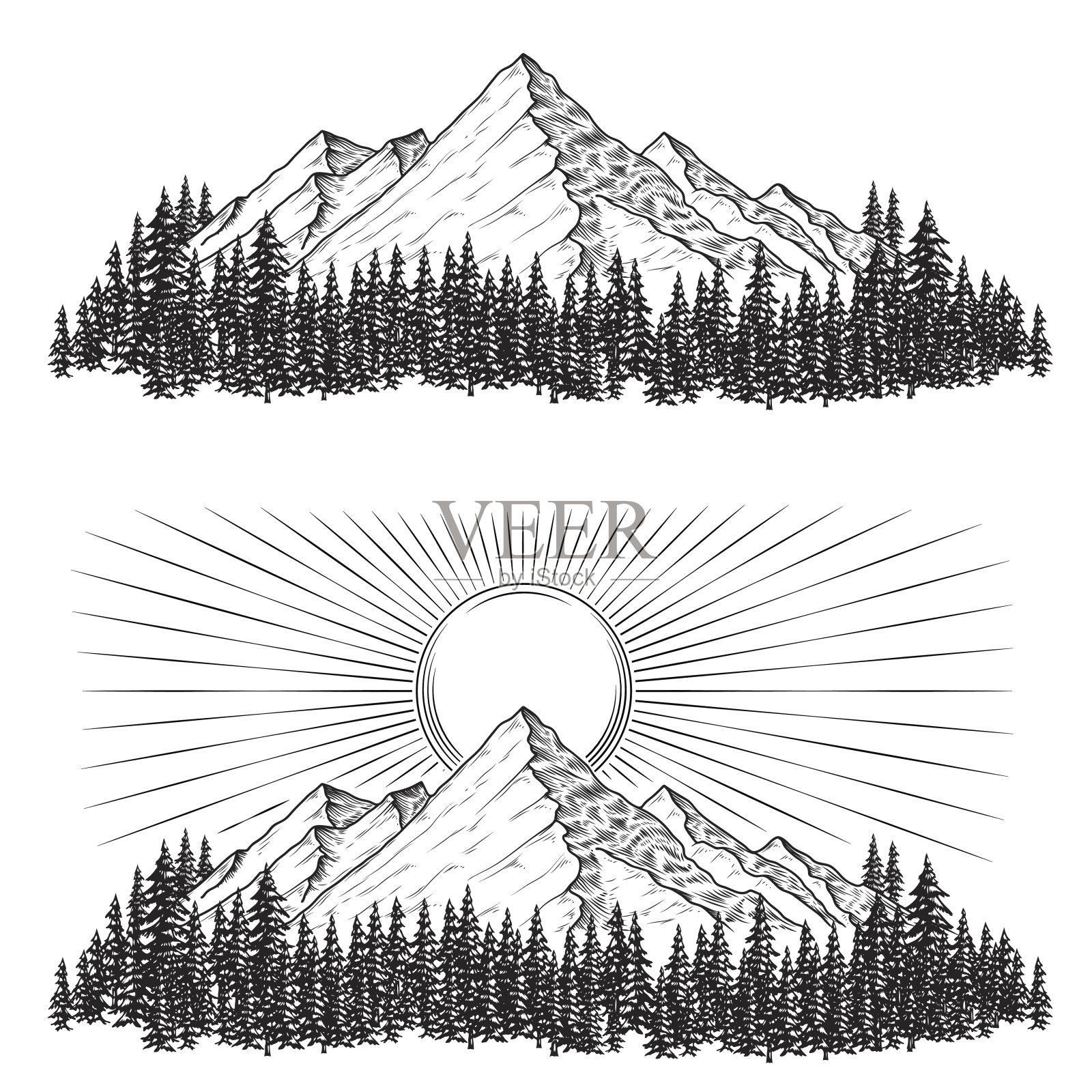 手绘矢量插图的山与针叶林在他们和太阳插画图片素材
