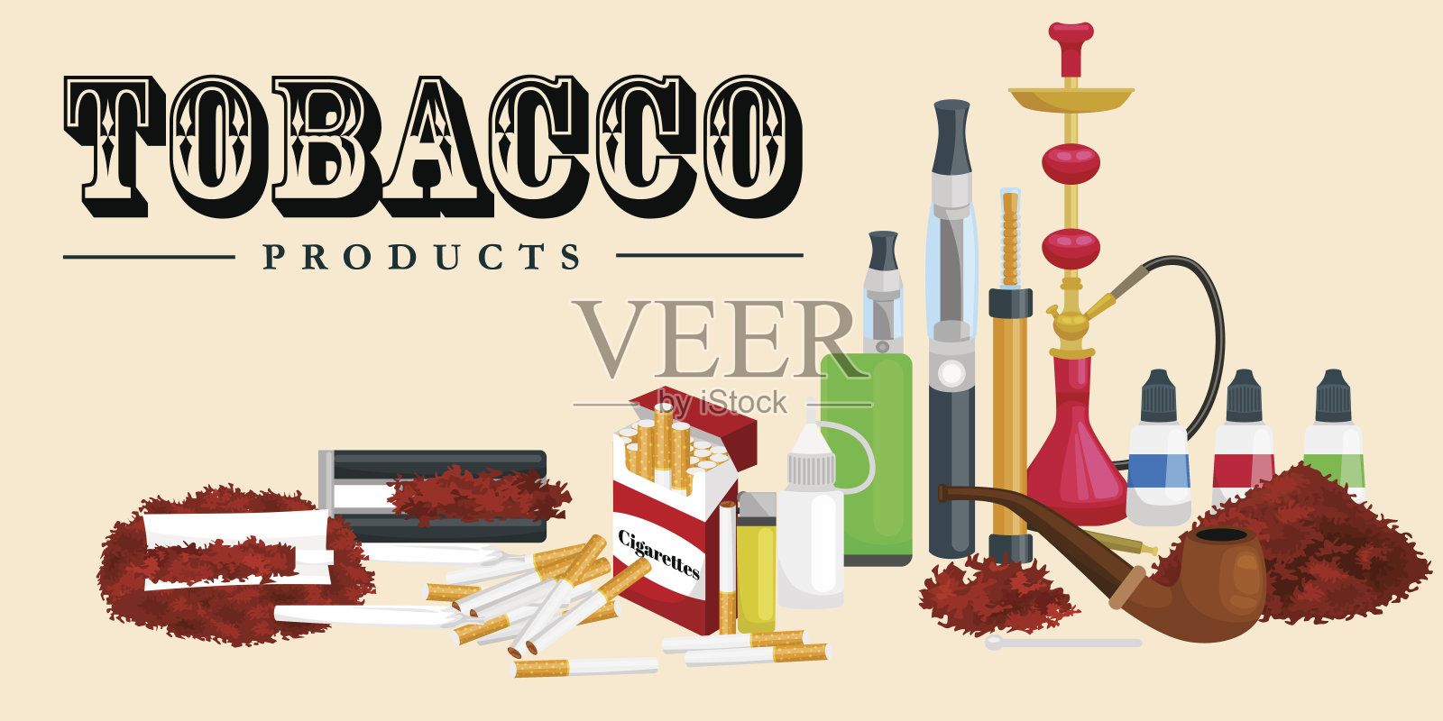 吸烟烟草产品图标设置与香烟水烟雪茄打火机孤立矢量插图插画图片素材