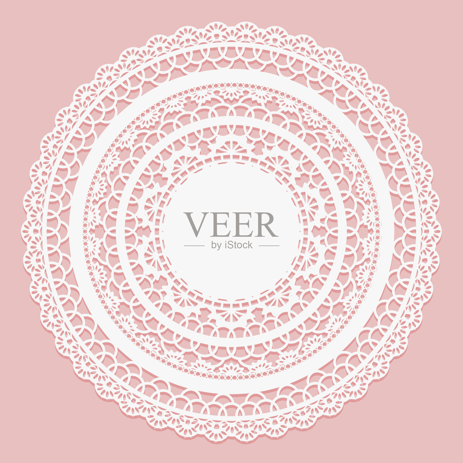 粉色背景上的白色花边餐巾。透空式圆形框架。设计元素图片