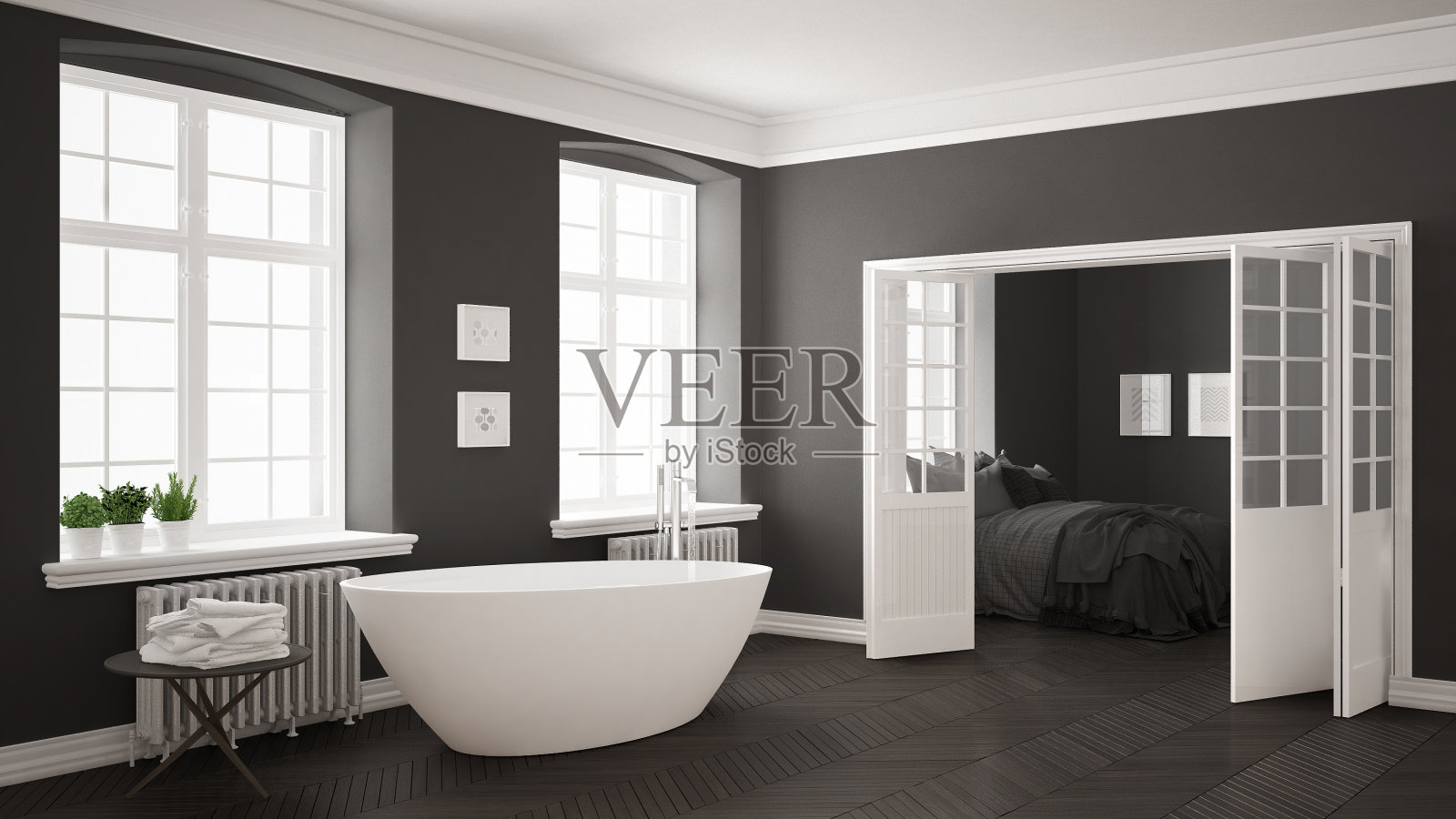 极简主义斯堪的纳维亚白色和灰色浴室与卧室的背景，经典的室内设计照片摄影图片