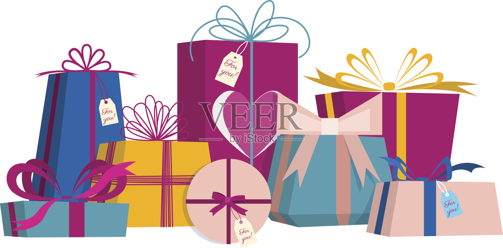 一套礼品盒。生日礼物，情人节礼物，母亲节礼物。孤立的矢量插图上的白色背景。插画图片素材