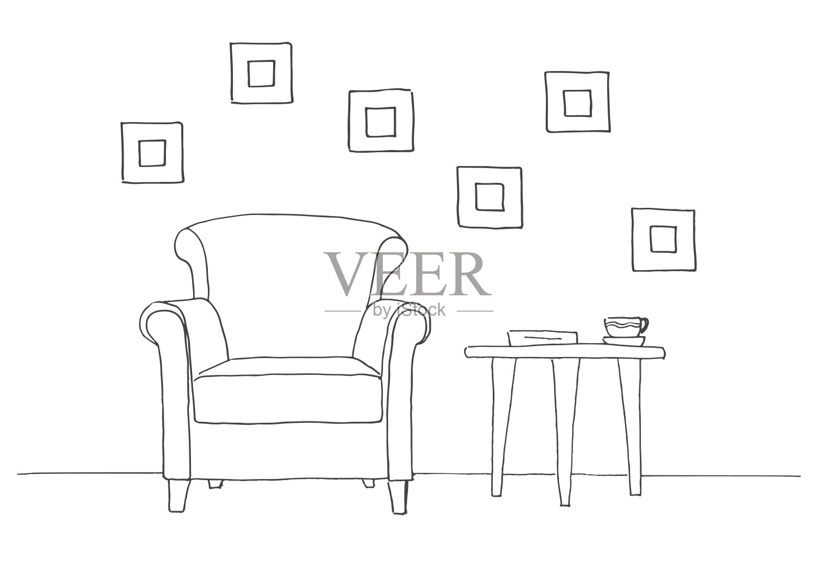 椅子，桌子和杯子。手绘矢量插图的草图风格插画图片素材