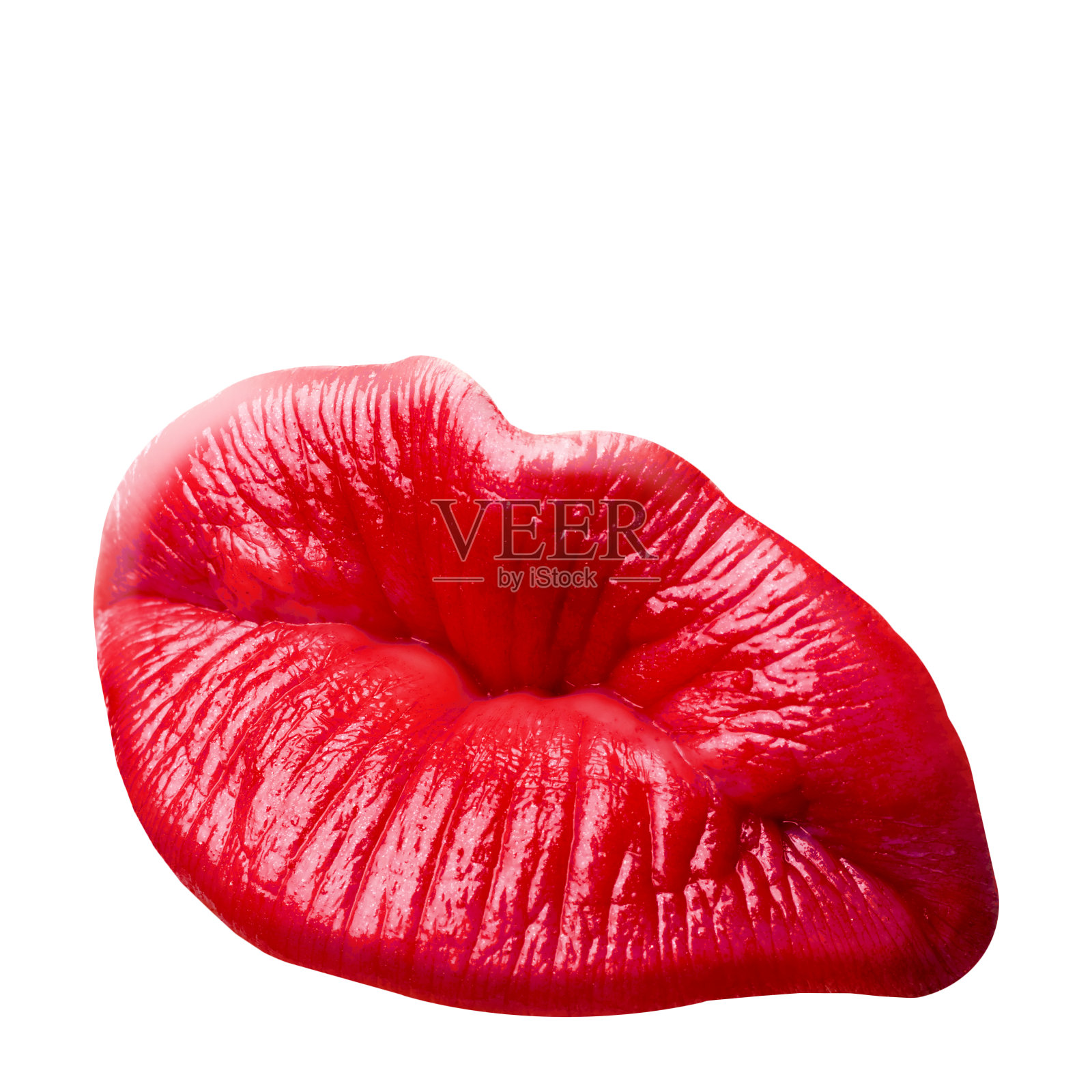 性感的接吻女人的嘴唇与红色的口红孤立的白色背景。图标与文字和复古的框架贺卡设计。美丽的近距离接吻照片。照片摄影图片