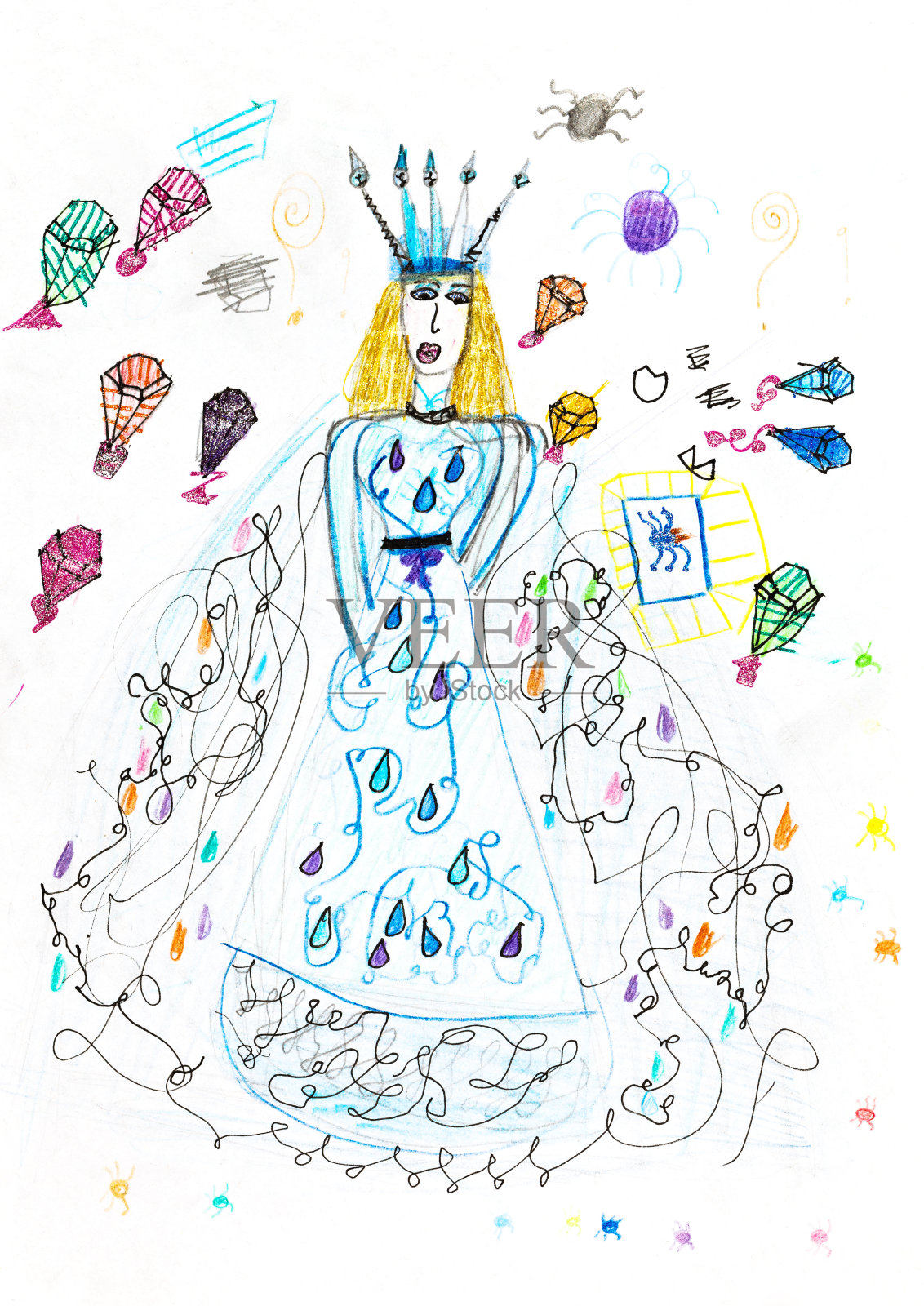 孩子们用礼物画皇后和降落伞插画图片素材