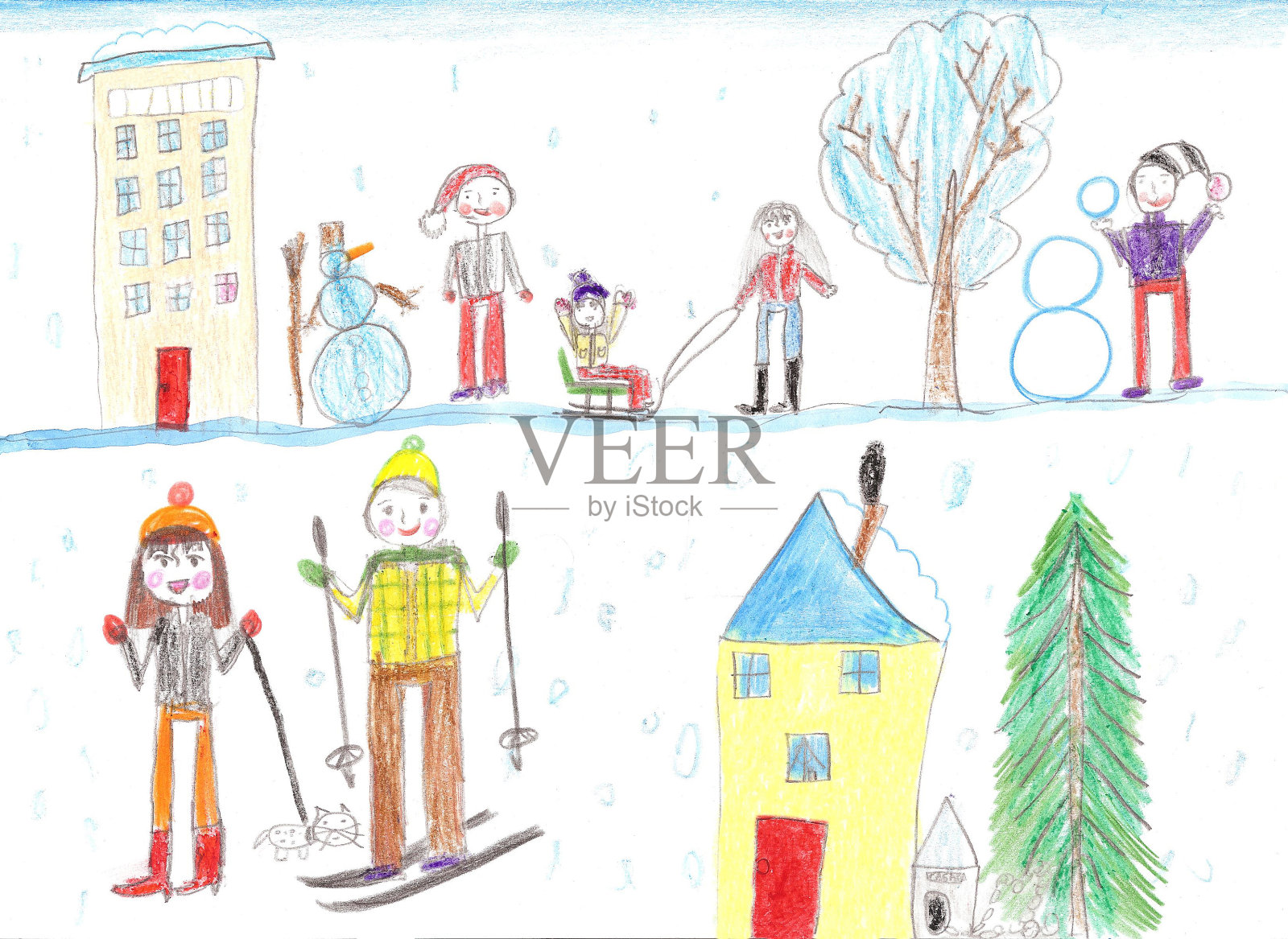 孩子们在玩、滑雪、拉雪橇。堆雪人。画画的孩子。插画图片素材