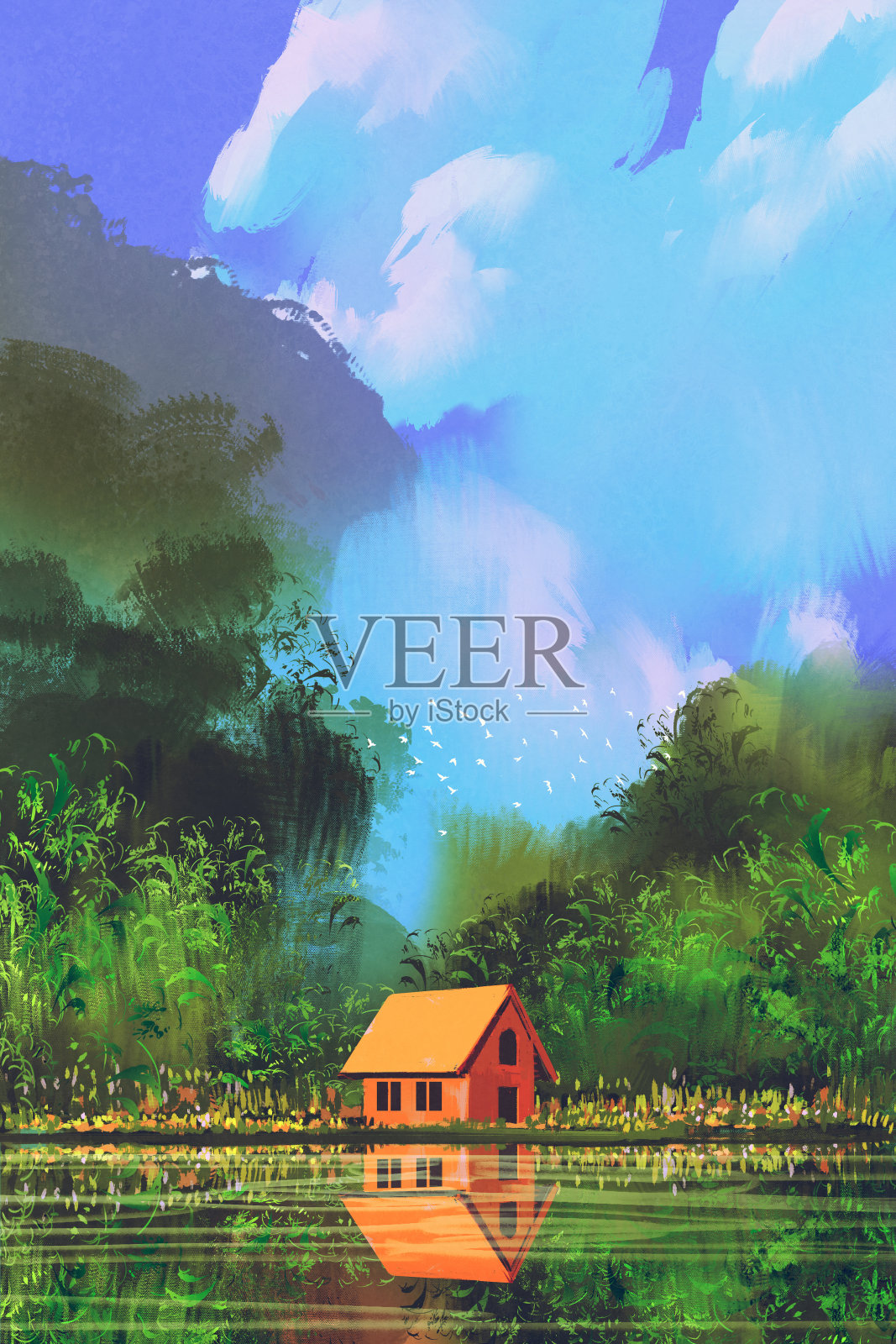 蓝天下森林里的房子插画图片素材