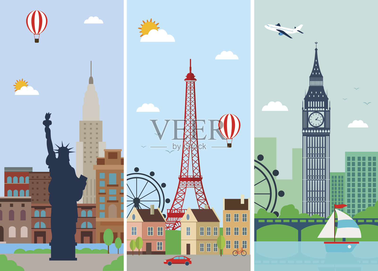城市天际线设计与地标。伦敦、巴黎和纽约插画图片素材