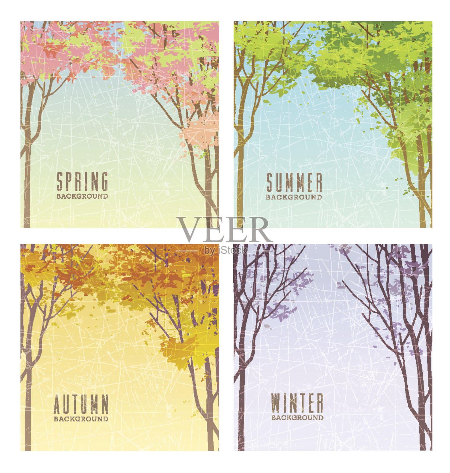 背景插图与树木和树叶的4个季节插画图片素材