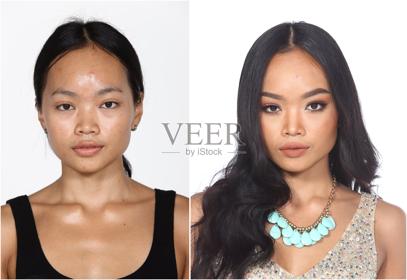 古铜色皮肤的亚洲女人化妆前后做发型梳妆照片摄影图片