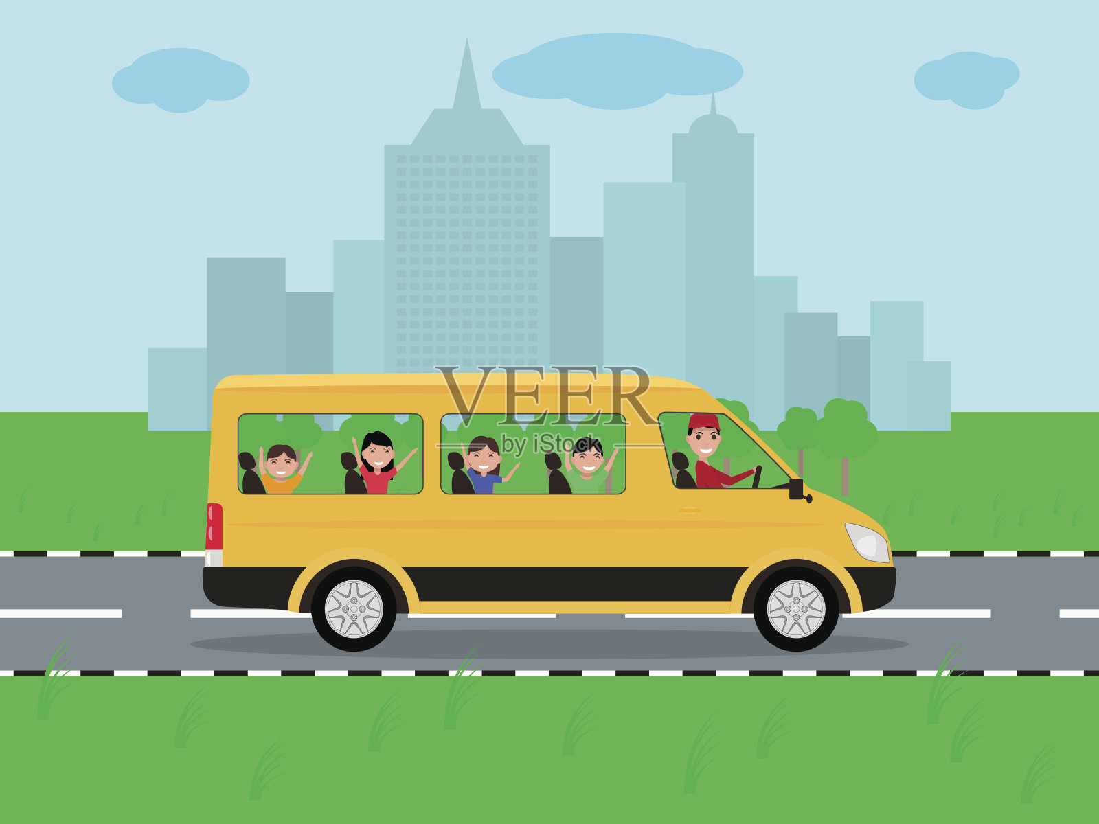 向量儿童乘公共汽车旅行插画图片素材